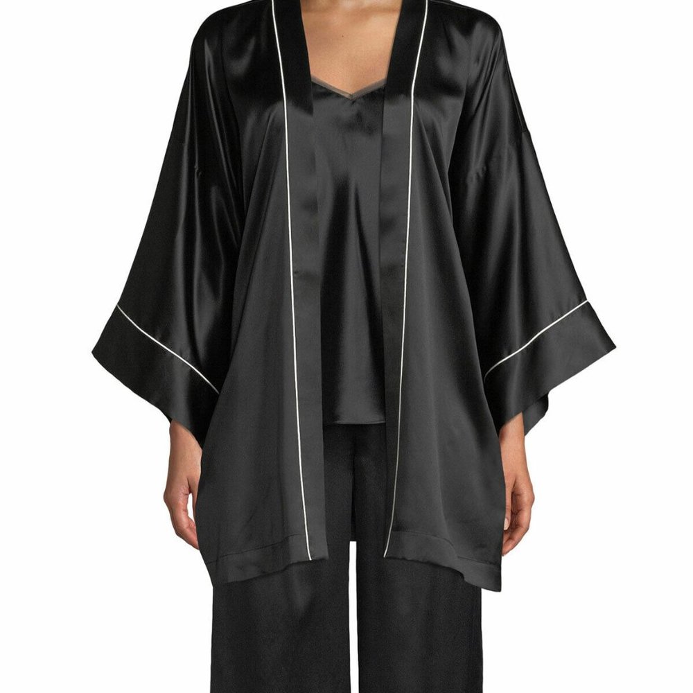 Neiman Marcus Contrast-Piped Black Silk Kimono Robe Size S/M